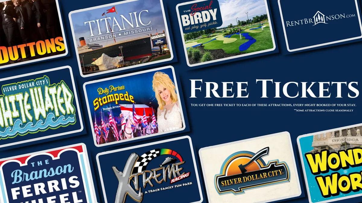 This vibrant interior graphic features an announcement about free tickets to local attractions, with easily recognizable logos and colorful, family-friendly graphics. The visual energy and focus on outings immediately evoke excitement for visiting theme parks like Silver Dollar City and highlight the appeal of nearby family fun.